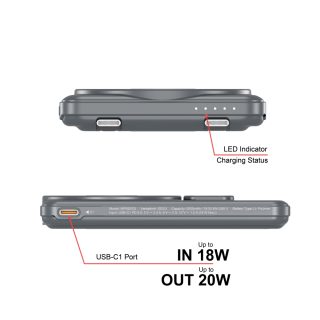 Verbatim Charge 'n' Go 2C Външна батерия Магнитно Безжично Зареждане 5000mAh с 2 USB-C Кабела и Стойка Сива