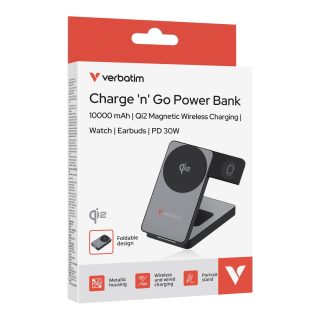 Verbatim Foldable 3-in-1 Qi2 Magnetic Wireless Power Bank 10000 mAh Grey