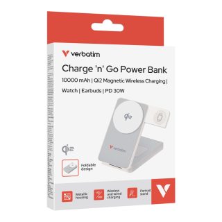 Verbatim Foldable 3-in-1 Qi2 Magnetic Wireless Power Bank 10000 mAh White