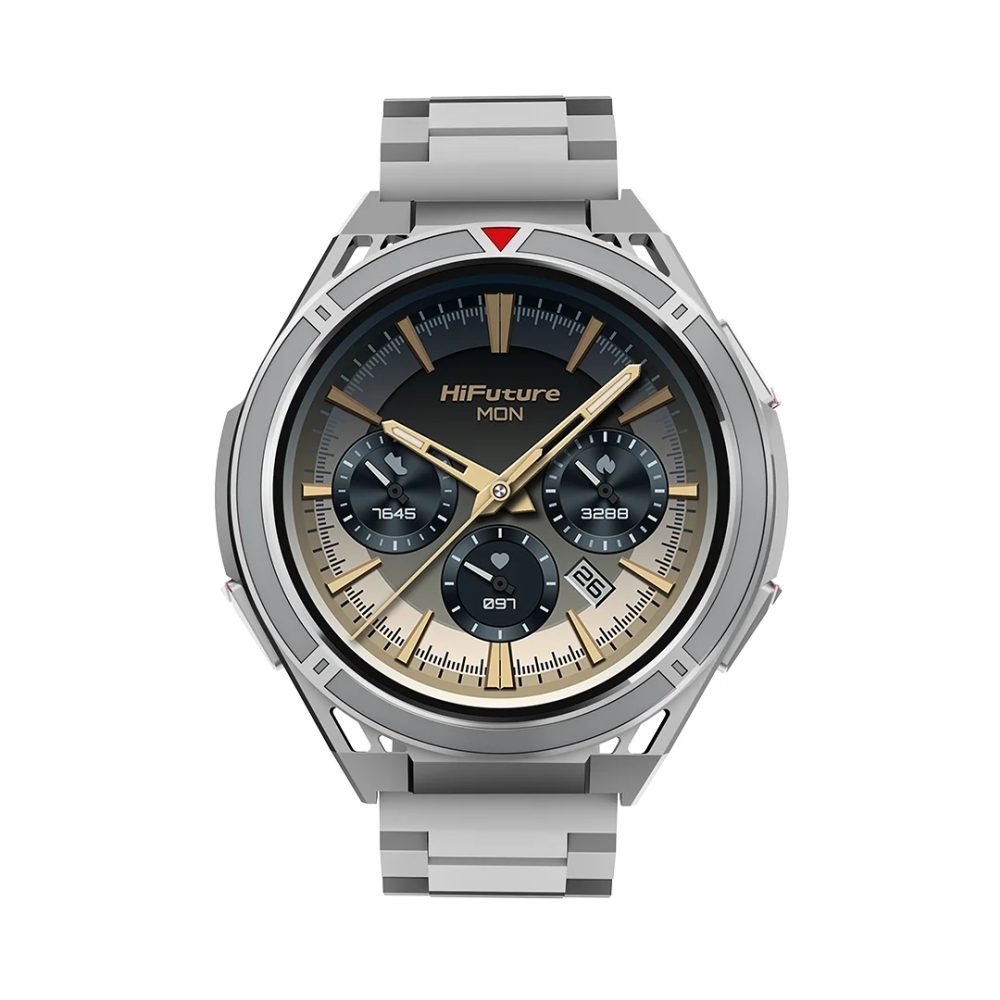 Смарт часовник HiFuture Active Silver, 1.43" AMOLED, двубандов GPS + компас + алтиметър 466x466, захранван от Dual Core и Syntra AI, Bluetooth разговори, 5ATM водоустойчивост, 24/7 истински сензор за сърдечен ритъм и кислород в кръвта, до 10 дни ежедневна употреба