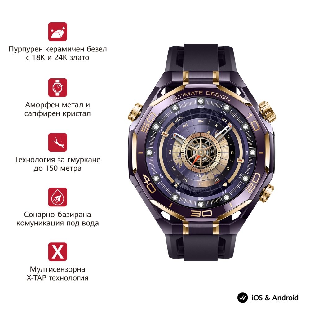 Huawei Watch Ultimate Design Royal Gold, Long-B69, Purple ceramic bezel with 18K gold