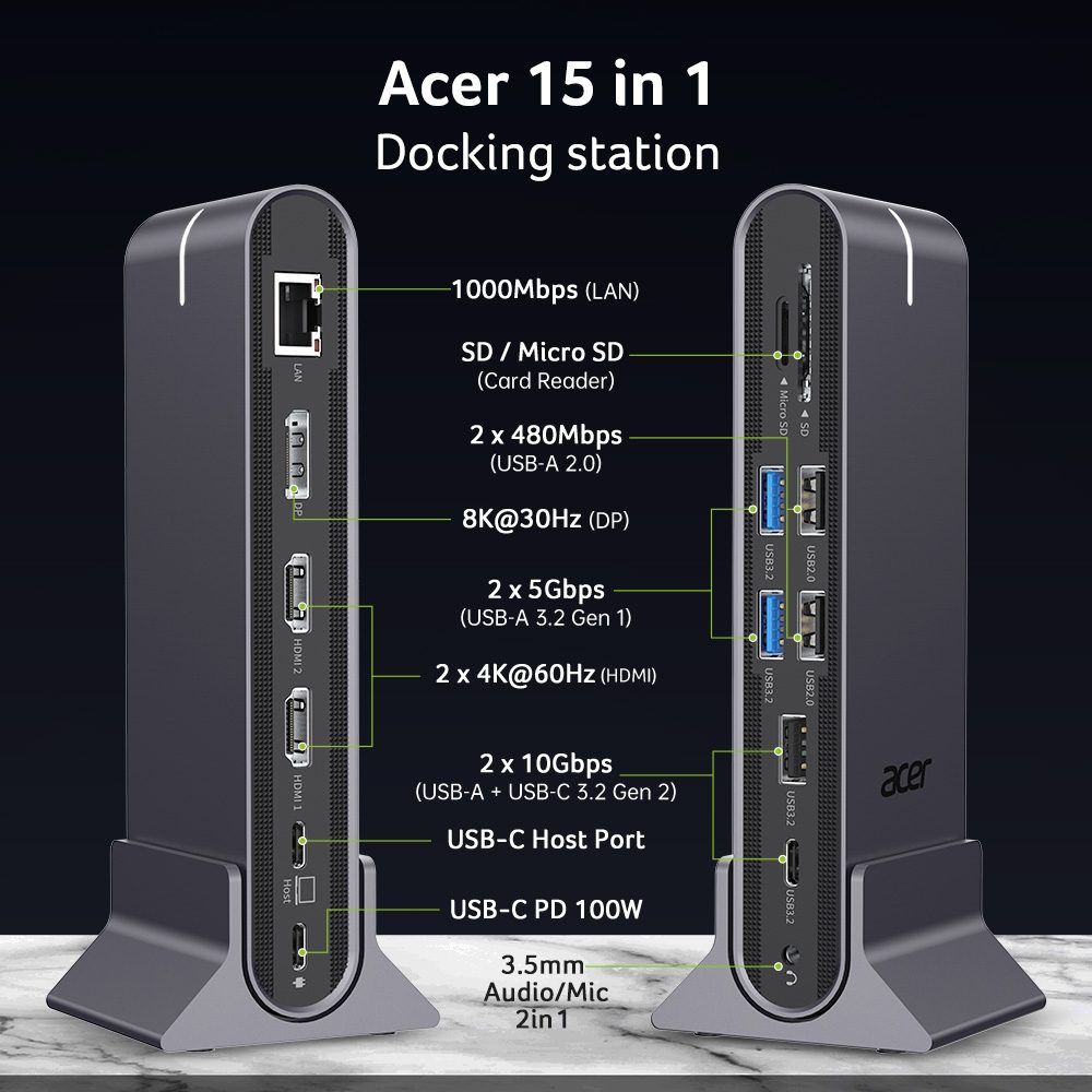 Acer Type C Universal docking station 15in1, 2 x HDMI 4K@60Hz, 1 x DP 8K@30Hz, 5 x USB A, 1 x USB C, 1 x RJ45, 1x SD/Micro SD, 1 x TF, 1 x Audio 3.5mm jack, Windows, ChromeOS, macOS, Gray