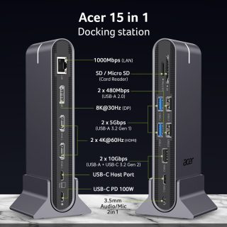 Acer Type C Universal docking station 15in1, 2 x HDMI 4K@60Hz, 1 x DP 8K@30Hz, 5 x USB A, 1 x USB C, 1 x RJ45, 1x SD/Micro SD, 1 x TF, 1 x Audio 3.5mm jack, Windows, ChromeOS, macOS, Gray