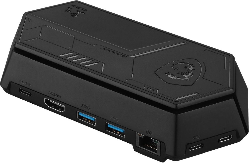 MSI Nest докинг станция с USB-C кабел, съвместима с всички MSI Claw гейминг конзоли, USB-C с PD 100W, HDMI 2.0 (4K/60Hz), USB-C 3.2 (5Gb/s), 2 x USB-A 3.2 (5Gb/s), RJ45 (10/100/1000 Mbps), 16.5 x 8 x 3.65cm, 0.206kg