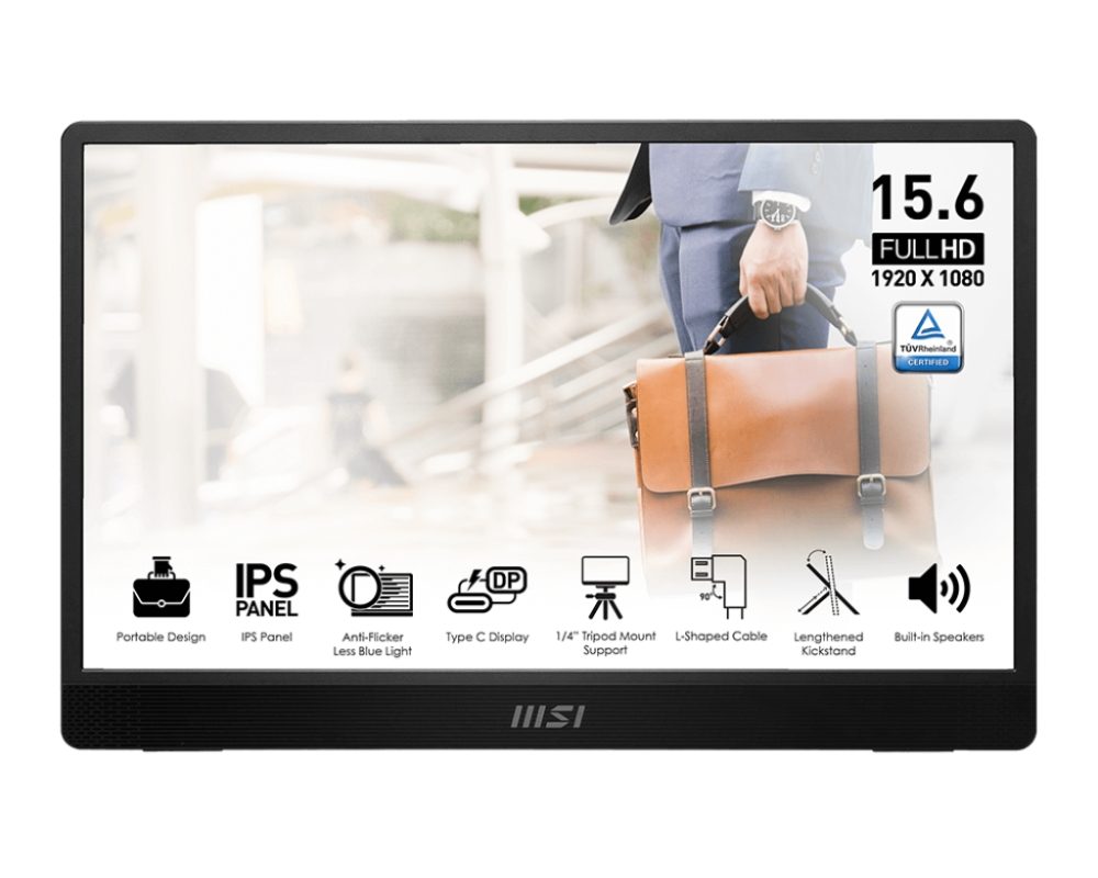 MSI PRO MP161 E2, Преносим монитор, 15.6" FHD IPS, ултра тънък дизайн 1.08 см, свързване със смартфон, Display Kit приложение, MSI EyesErgo, вградена ергономична сгъваема стойка, вградени говорители 2x 1.5W, 2x USB Type-C (DP 1.2a, 15W PD), mini HDMI, 4ms, 0.75 кг
