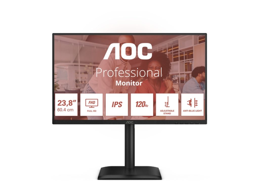 Монитор AOC 24E4U, 23.8" IPS WLED, 1920x1080@120Hz, 4ms GtG, 300cd/m², 1500:1, 20M:1 DCR, Adaptive Sync, FlickerFree, Anti Blue Light, 2Wx2, Tilt, Height Adjust, Pivot, Swivel, D-SUB, HDMI, DP, USB Hub