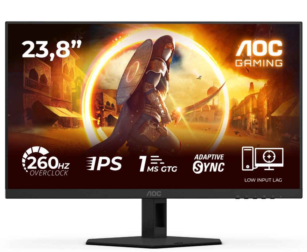 AOC 24G4ZRE 23.8" Fast IPS WLED гейминг монитор, 1920x1080@260Hz (OC, Native 240Hz), 1ms GtG, 0.3ms MPRT, 300cd/m², 1000:1, Adaptive Sync, FlickerFree, Anti Blue Light, Tilt, 2xHDMI, DP