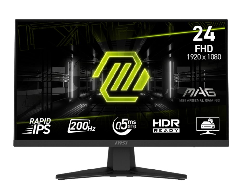 MSI MAG 244F геймърски монитор, 23.8", 0.5ms, 200Hz, Rapid IPS, 1920x1080 (FHD), 16:9, AMD FreeSync Premium, 96% DCI-P3, AG, HDR Ready, 300 нита, 1000:1, DCR 100M:1, DP(1.2a), HDMI 2.0b, Tilt, VESA, черен, 2.9kg