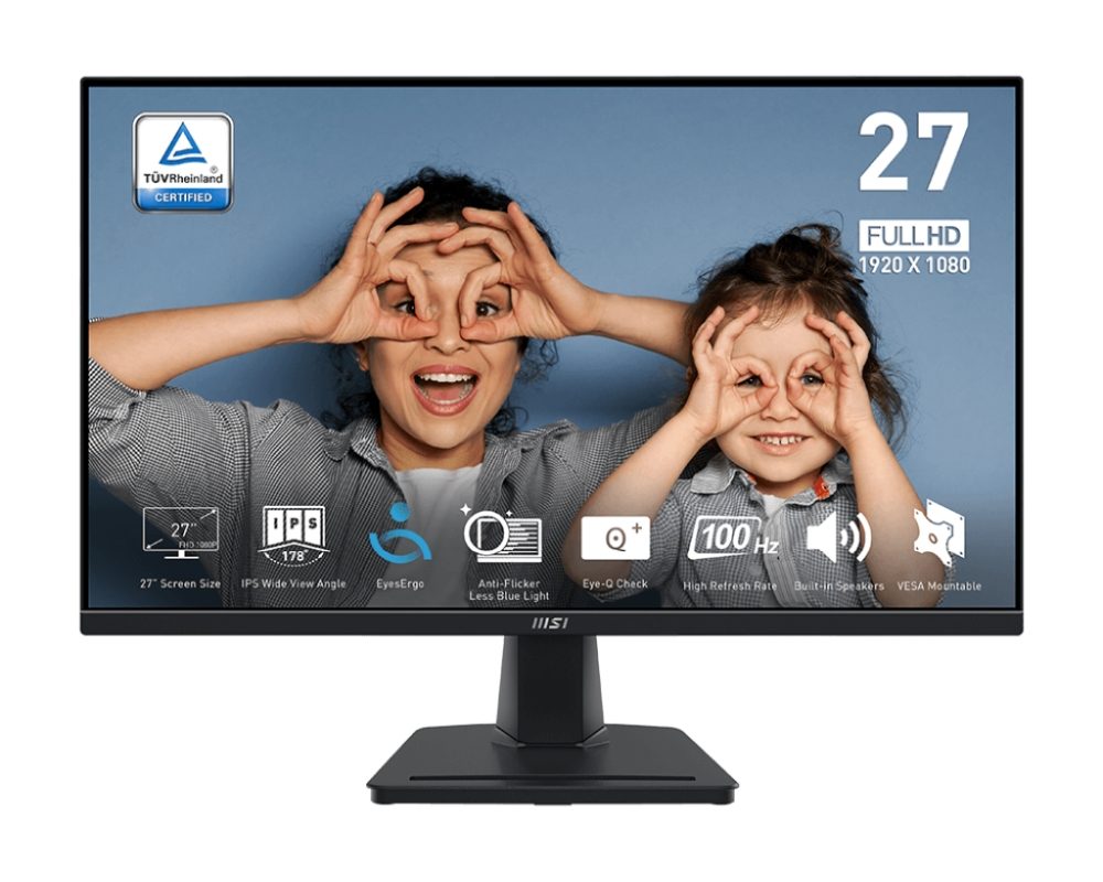 MSI PRO MP275 27" IPS 100Hz монитор, 1920x1080 FHD, 1ms MPRT, 4ms GTG, 300 cd/m2, 93% (CIE 1976), Anti-glare, EyesErgo, MSI EYE CARE, DISPLAY KIT APP, 1x HDMI, 1x D-Sub (VGA), говорители 2x 2W, наклон, 1x Line-in, 1x Headphone-out, VESA 100, 9S6-3PC3CM-002