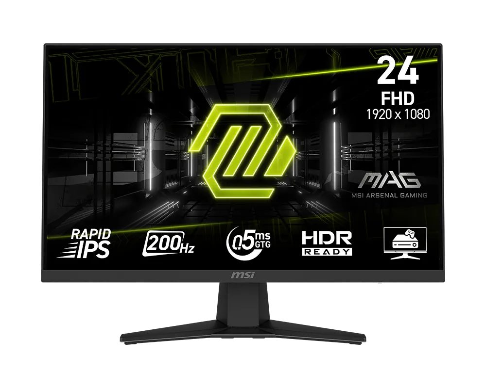 MSI MAG 244F Gaming Monitor, 23.8", 0.5ms, 200Hz Rapid IPS, 1920x1080, AMD FreeSync Premium, AI Vision, Console Mode, HDR Ready, 300nits AG, 1.07B, 1000:1, 100M:1, DP(1.2a), HDMI(2.0b), Headphone out, Tilt, VESA 100, Black, 2.9kg