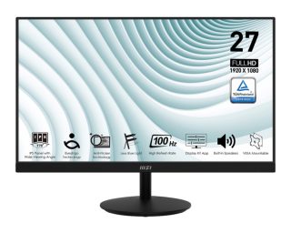 Монитор MSI PRO MP271A, 27", 1ms, 100Hz, IPS, 1920x1080 (FHD), 16:9, ПЛОСЪК, Display Kit App, Adaptive-Sync, EyesErgo, Less Blue Light, 108% SRGB, AG, 300 нита, 1000:1, DP(1.2a), HDMI 1.4b, VGA, Line-in, Високоговорители 2x2W, Наклон, VESA, Черен, 3.9kg