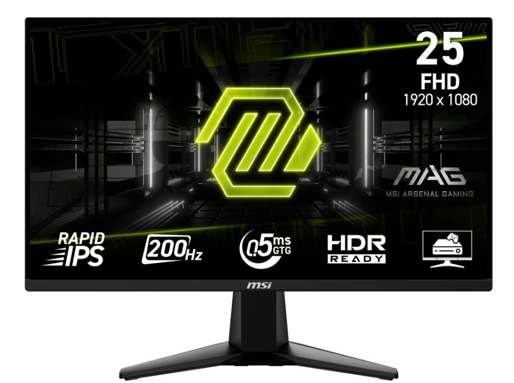 MSI MAG 255F E20 геймърски монитор, 24.5", 0.5ms, 200Hz, Rapid IPS, 1920x1080 (FHD), 16:9, AMD FreeSync Premium, 79% DCI-P3, AG, HDR Ready, 300 нита, 1000:1, DCR 100M:1, DP(1.2a), 2xHDMI 2.0b, Tilt, VESA, Черен, 3.24kg