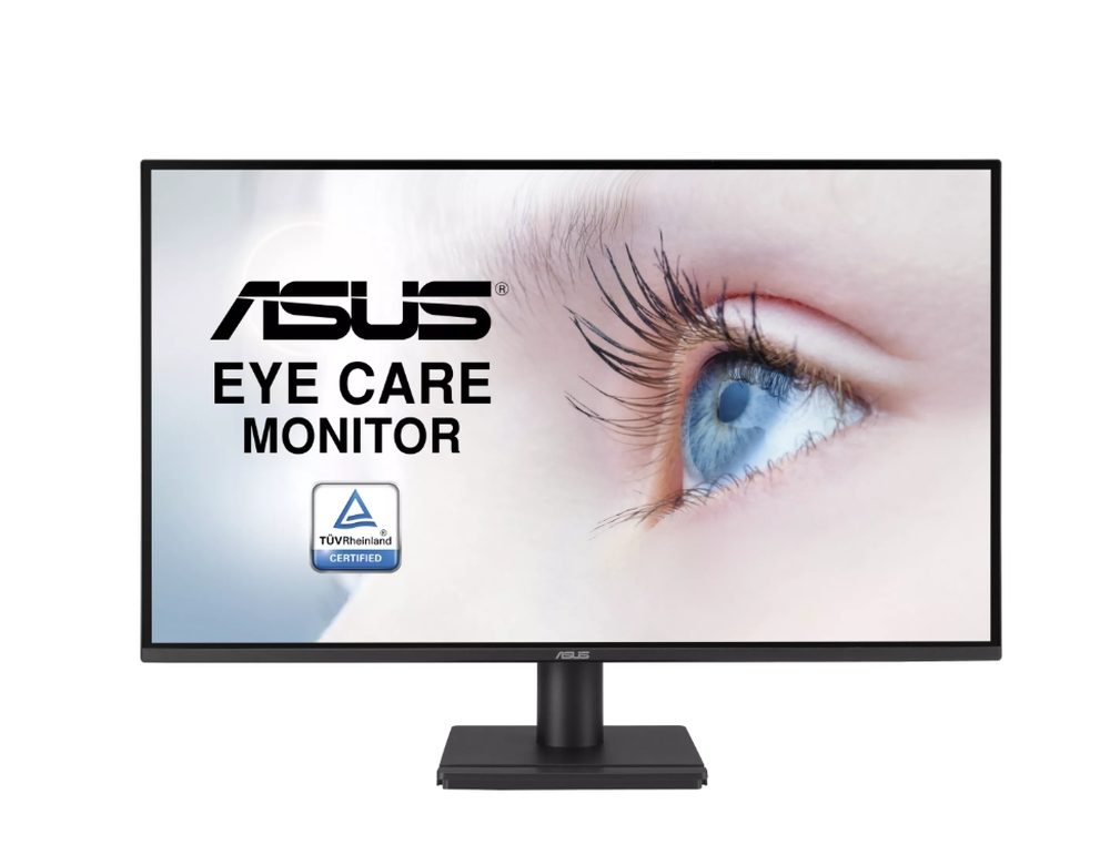ASUS VA27AQ Eye Care монитор, 27", IPS, QHD, 99% sRGB, без рамка, HDMI, DisplayPort, VGA, 1ms MPRT, стерео високоговорители, ниска синя светлина, без трептене, за стенен монтаж, черен