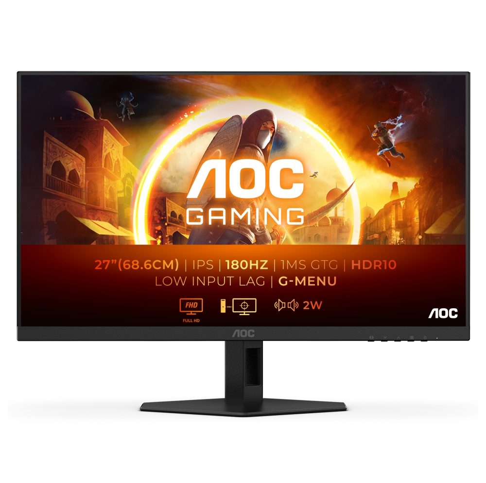 AOC 27G4XE 27" IPS WLED гейминг монитор, 1920x1080@180Hz, 1ms GtG, 0.5ms MPRT, 300cd/m2, 1000:1, 80M:1 DCR, Adaptive Sync, FlickerFree, Low Blue Mode, 2Wx2, Tilt, 2xHDMI, DP