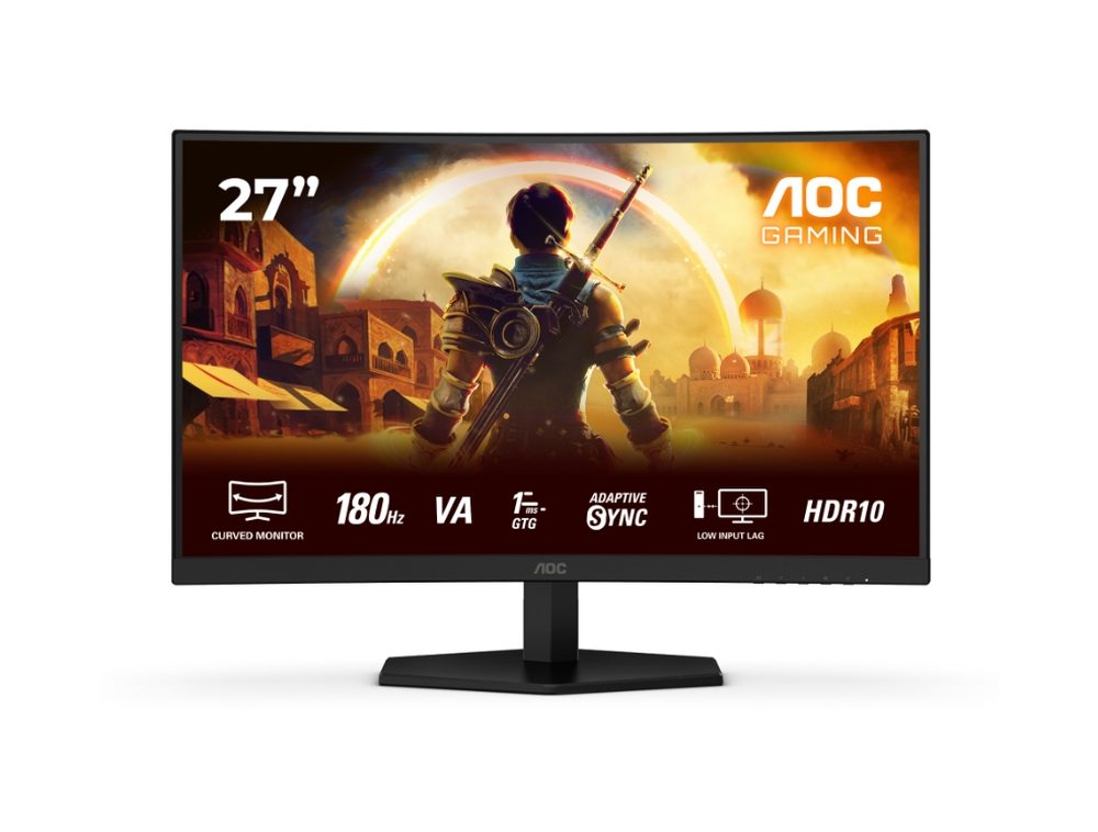 AOC C27G42E 27" Извит 1500R VA WLED монитор, 1920x1080@180Hz, 1ms GtG, 0.5ms MPRT, 300cd/m2, 3000:1, 80M:1 DCR, Adaptive Sync, FlickerFree, Low Blue Light, 2Wx2, Tilt, 2xHDMI, DP