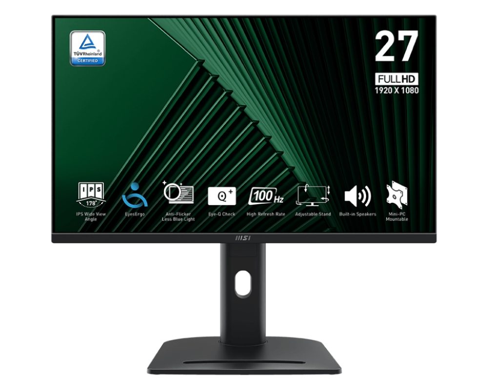 Монитор MSI PRO MP275PG, 27", 1ms, 100Hz, IPS, 1920x1080 (FHD), 16:9, ПЛОСЪК, Adaptive-Sync, MSI Power Link, EyesErgo, 78% sRGB, AG, 300 нита, 1000:1, DP (1.2a), HDMI 1.4b, VGA, Line-in, Високоговорители 2x2W, Pivot, Регулиране на височина 130 мм, VESA, Черен, 6.03 кг