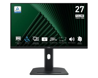 Монитор MSI PRO MP275PG, 27", 1ms, 100Hz, IPS, 1920x1080 (FHD), 16:9, ПЛОСЪК, Adaptive-Sync, MSI Power Link, EyesErgo, 78% sRGB, AG, 300 нита, 1000:1, DP (1.2a), HDMI 1.4b, VGA, Line-in, Високоговорители 2x2W, Pivot, Регулиране на височина 130 мм, VESA, Черен, 6.03 кг