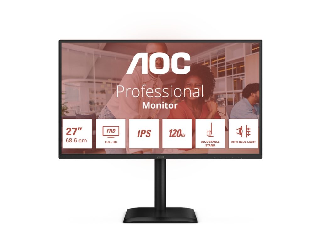 AOC 27E4U 27" IPS WLED монитор, 1920x1080@120Hz, 4ms GtG, 300cd/m², 1500:1, 20M:1 DCR, Adaptive Sync, FlickerFree, Anti Blue Light, 2Wx2, Tilt, Height Adjust, Pivot, Swivel, D-SUB, HDMI, USB Hub