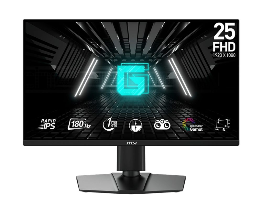 Монитор MSI G255PF E2, 24.5", 1ms, 180Hz, Rapid IPS, 1920x1080 (FHD), 16:9, плосък, AMD FreeSync, 78% DCI-P3, антирефлексен, 300 нита, 1000:1, DCR 100M:1, DP(1.2a), 2xHDMI 2.0b, 2x2W говорители, Pivot, регулиране на височината, VESA, черен, 5.3kg