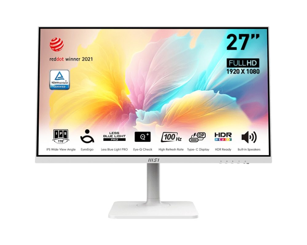 Монитор MSI Modern MD2712PW, 27", 100Hz, 1ms, IPS, 1920x1080 (FHD), 16:9, Flat, HDR Ready, EyesErgo, AG, MSI Display Kit, 117% sRGB, 300 nits, 1000:1, RedDot Winner, 1xHDMI1.4, 1xTypeC DP alt. w/PD (15W), говорители 2x3W, Pivot, регулиране на височина, VESA, бял, 5.85kg