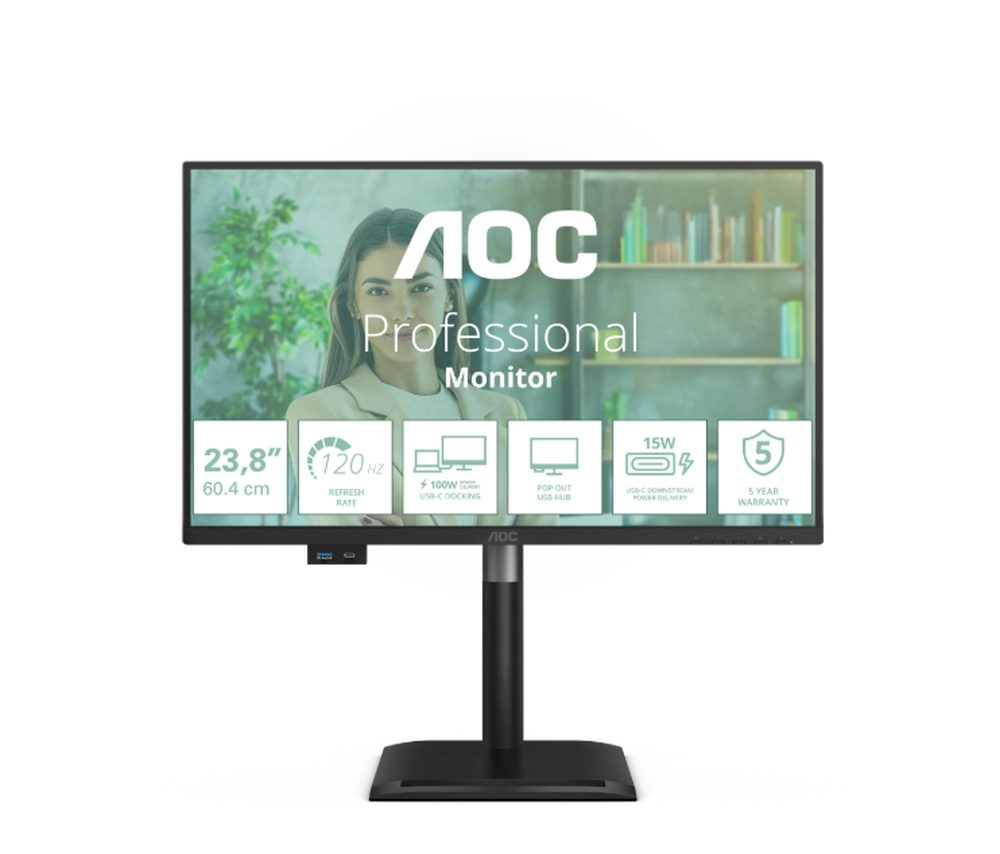 AOC 24P4CV 23.8" IPS WLED монитор, 1920x1080@120Hz, 4ms GtG, 300cd/m², 1500:1, 50M:1 DCR, Adaptive Sync, FlickerFree, Anti-Blue Light, 2Wx2, Tilt, Height Adjust, Pivot, Swivel, HDMI, DP, USB hub, RJ45