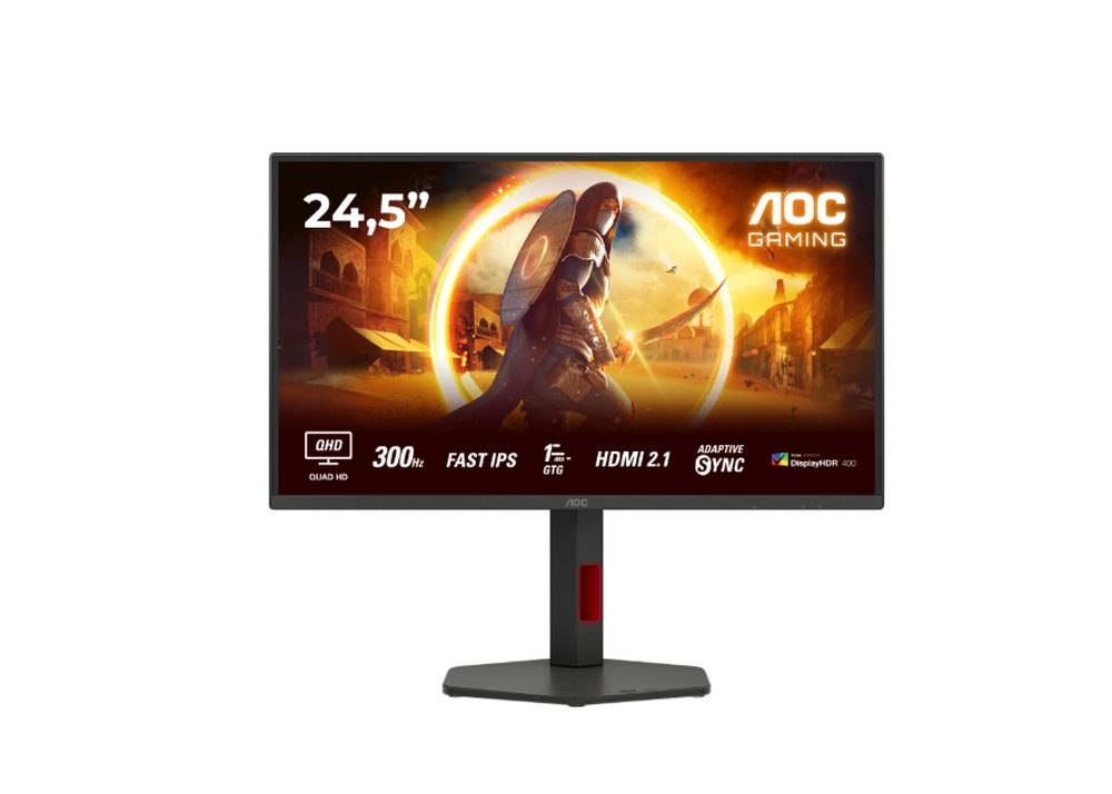 Монитор AOC Q25G4SR, 24.5" IPS WLED, 2560x1440@300Hz, 1ms GtG, 0.3ms MPRT, 400cd/m2, 1000:1, 80M:1, Adaptive Sync, FlickerFree, Low Blue Light, 2Wx2, Tilt, Height Adjust, Pivot, Swivel, 2xHDMI, DP