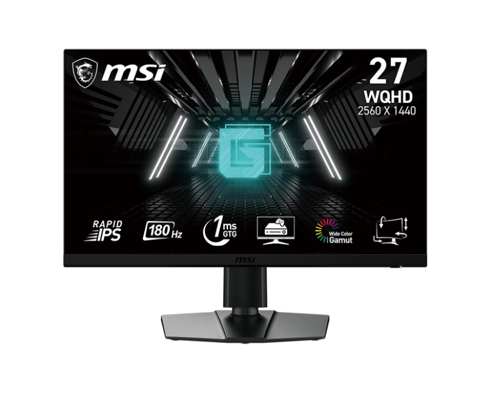 Монитор MSI G272QPF E2, 27", 1ms, 180Hz, RAPID IPS, 2560x1440 (WQHD), 16:9, FLAT, Adaptive-Sync, 92.83% DCI-P3, AG, 300 nits, 1000:1, DCR 100M:1, DP(1.2a), 2xHDMI2.0b, Pivot, Регулиране на височина, VESA, Черен, 6.3kg