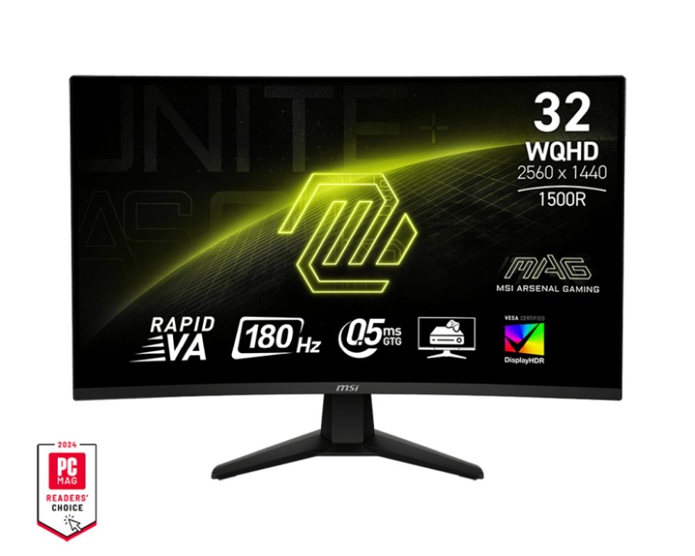 MSI MAG 32CQ6F геймърски монитор, 31.5", 180Hz, 0.5ms, Rapid VA, WQHD 2560x1440, Curve 1500R, AG, Adaptive-Sync, DisplayHDR 400, Console Mode, AI Vision, LBL, 3500:1, DCR 100M:1, 1x DP(1.4), 2x HDMI (2.0b), 1x Headphone Out, Tilt, VESA, Frameless, 4.8 kg