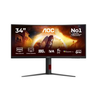 AOC CU34G4CA 34" Извит 1500R Fast VA WLED монитор, 3440x1440@180Hz, 1ms GtG, 0.5ms MPRT, 450cd/m², 3000:1, Adaptive Sync, FlickerFree, Low Blue Light, Tilt, Height Adjust, Swivel, 2xHDMI, DP, USB hub