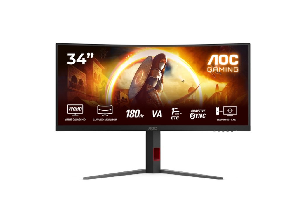 AOC CU34G4, 34" Извит 1500R VA WLED, 3440x1440@180Hz, 1ms GtG, 0.5ms MPRT, 300cd/m2, 2500:1, 80M:1 DCR, Adaptive Sync, FlickerFree, Low Blue Light, Наклон, Регулиране на височина, Завъртане, 2xHDMI, DP