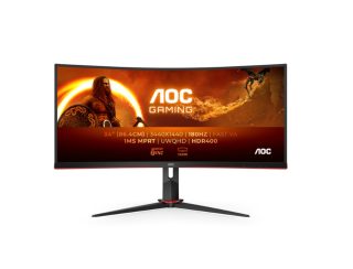AOC CU34G2XP/BK, 34" извит 1500R VA монитор, WLED, 3440x1440@180Hz, 1ms GtG, 1ms MPRT, 430 cd/m2, 4000:1, 80M:1 DCR, Tilt, Height Adjust, Swivel, 2xHDMI, 2xDP, USB hub