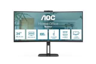 AOC CU34V5C/BK 34" Извит 1500R VA WLED монитор, 3440x1440@100Hz, 4ms GtG, 1ms MPRT, 300cd/m², 3000:1, 20M:1 DCR, Adaptive Sync, FlickerFree, Low Blue Light, 5Wx2, Tilt, Height Adjust, Swivel, HDMI, DP, USB hub