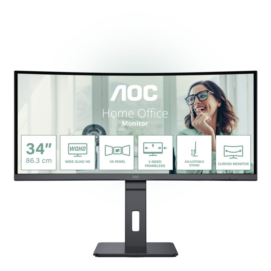 AOC CU34P3CV, 34" VA WLED, Curved 1500R, 3440x1440@100Hz, 4ms GtG, 1ms MPRT, 300cd/m², DCR 3000:1, 50M:1, AdaptiveSync, FlickerFree, Low Blue Light, 5Wx2, Tilt, Height Adjust, Swivel, HDMI, DP, USB hub