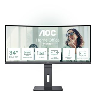 AOC CU34P3CV, 34" VA WLED, Curved 1500R, 3440x1440@100Hz, 4ms GtG, 1ms MPRT, 300cd/m², DCR 3000:1, 50M:1, AdaptiveSync, FlickerFree, Low Blue Light, 5Wx2, Tilt, Height Adjust, Swivel, HDMI, DP, USB hub