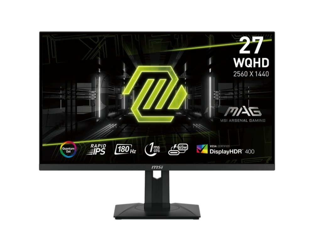 MSI MAG 274QRF QD E2, 27", Rapid IPS, 1ms, 180Hz, Flat, WQHD 2560x1440, Quantum Dot технология, DisplayHDR 400, Mystic Light, APP, 300 нита, 2500:1, 100M:1, 1x DP(1.4a), 2x HDMI (2.0b), 1x Type-C (DP alt.) с PD 65W зареждане, регулиране на височината 130mm, наклон, Vesa 75