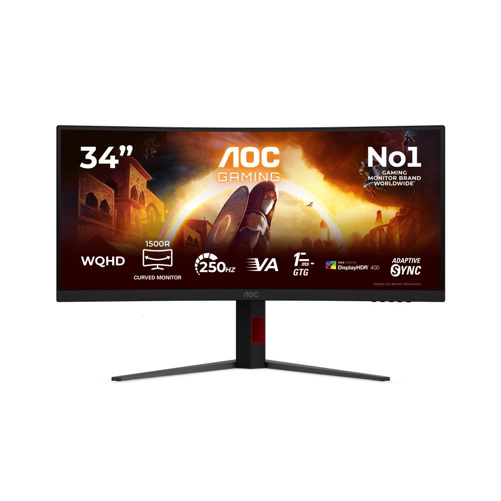 AOC CU34G4ZCA, 34" Curved 1500R, Fast VA, WLED, 3440x1440@250Hz, 1ms GtG, 0.3ms MPRT, 450cd/m2, 3000:1, Adaptive Sync, FlickerFree, Low Blue Light, Tilt, Height Adjust, Swivel, 2xHDMI, DP, USB hub