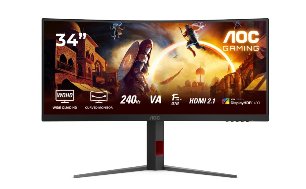 AOC CU34G4Z, 34" извит 1500R, VA, WLED, 3440x1440@240Hz, 1ms GtG, 0.3ms MPRT, 450cd/m², 2500:1, 80M:1 DCR, Adaptive Sync, FlickerFree, Low Blue Light, Tilt, Height Adjust, Pivot, Swivel, 2xHDMI, DP, USB hub