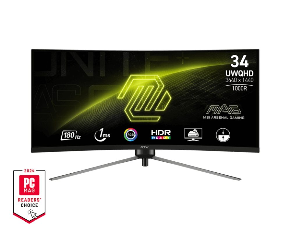 MSI MAG 345CQR 34" извит гейминг монитор, VA, 180Hz, 1ms, UWQHD 3440x1440, 21:9, FreeSync Premium, HDR, Ai VISION, LBL, Night Vision, Console mode, VRR, CEC, 300 нита, 3000:1, 100M:1, DP (1.4a), 2x HDMI (2.0b), Headphone out, Регулируема стойка 100mm, Завъртане, Наклон, VESA