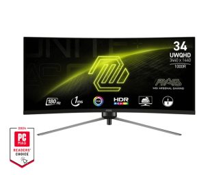 MSI MAG 345CQR 34" извит гейминг монитор, VA, 180Hz, 1ms, UWQHD 3440x1440, 21:9, FreeSync Premium, HDR, Ai VISION, LBL, Night Vision, Console mode, VRR, CEC, 300 нита, 3000:1, 100M:1, DP (1.4a), 2x HDMI (2.0b), Headphone out, Регулируема стойка 100mm, Завъртане, Наклон, VESA