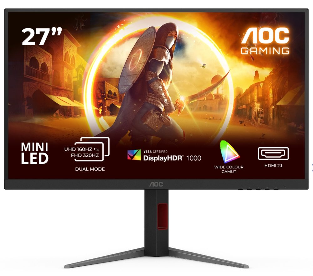 AOC U27G4XM 27" Fast IPS MiniLED монитор, 3840x2160@160Hz, 1ms GtG, 1200cd/m2, 1000:1, 80M:1 DCR, Adaptive Sync, FlickerFree, Low Blue Mode, Tilt, Height Adjust, Pivot, Swivel, HDMI, DP, USB hub
