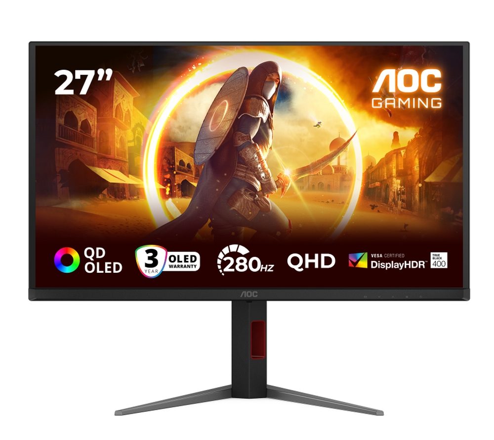 AOC Q27G4ZD 27" QD-OLED геймърски монитор, 2560x1440@280Hz, 0.03ms GtG, 1.5M:1, 1000cd/m², Adaptive Sync, FlickerFree, Anti Blue Light, Tilt, Height Adjust, Pivot, Swivel, 2xHDMI, DP, USB hub