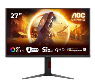 AOC Q27G4ZD 27" QD-OLED геймърски монитор, 2560x1440@280Hz, 0.03ms GtG, 1.5M:1, 1000cd/m², Adaptive Sync, FlickerFree, Anti Blue Light, Tilt, Height Adjust, Pivot, Swivel, 2xHDMI, DP, USB hub