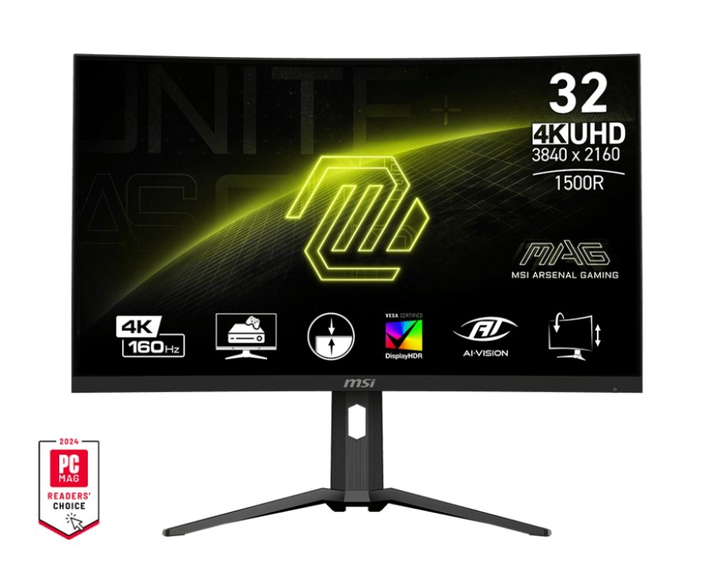 Монитор MSI MAG 321CUP, 31.5", VA, 160Hz, 1ms, UHD 3840x2160, извит, FreeSync Premium, HDR 400, AI VISION, Console Mode, VRR, ALLM, CEC, PIP, PBP, 350 нита, 3000:1, 100M:1, DP (1.4a), 2x HDMI (2.1), 1x Type-C (DP alt. PD 15W), Рег. стойка 130mm, Tilt, VESA