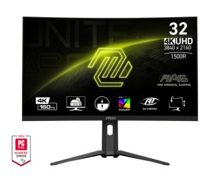 Монитор MSI MAG 321CUP, 31.5", VA, 160Hz, 1ms, UHD 3840x2160, извит, FreeSync Premium, HDR 400, AI VISION, Console Mode, VRR, ALLM, CEC, PIP, PBP, 350 нита, 3000:1, 100M:1, DP (1.4a), 2x HDMI (2.1), 1x Type-C (DP alt. PD 15W), Рег. стойка 130mm, Tilt, VESA