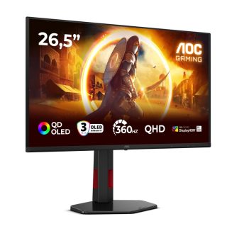 AOC Q27G4SDR 26.5" QD-OLED гейминг монитор, 2560x1440@360Hz, 0.03ms GtG, 1000cd/m², 1.5M:1, Adaptive Sync, FlickerFree, Low Blue Light, Tilt, Height Adjust, Pivot, Swivel, 2xHDMI, DP, USB hub