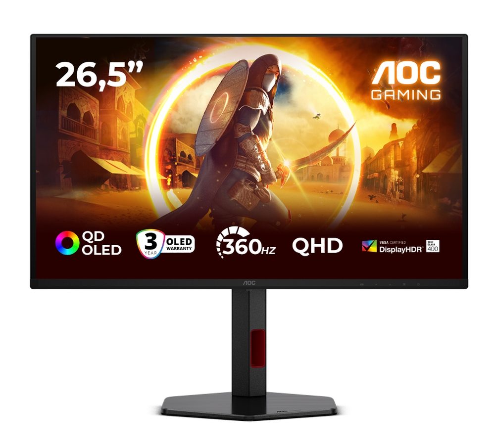 AOC Q27G4SDR 26.5" QD-OLED гейминг монитор, 2560x1440@360Hz, 0.03ms GtG, 1000cd/m², 1.5M:1, Adaptive Sync, FlickerFree, Low Blue Light, Tilt, Height Adjust, Pivot, Swivel, 2xHDMI, DP, USB hub