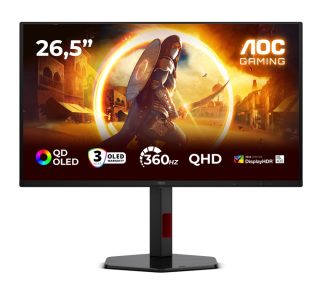 AOC Q27G4SDR 26.5" QD-OLED гейминг монитор, 2560x1440@360Hz, 0.03ms GtG, 1000cd/m², 1.5M:1, Adaptive Sync, FlickerFree, Low Blue Light, Tilt, Height Adjust, Pivot, Swivel, 2xHDMI, DP, USB hub