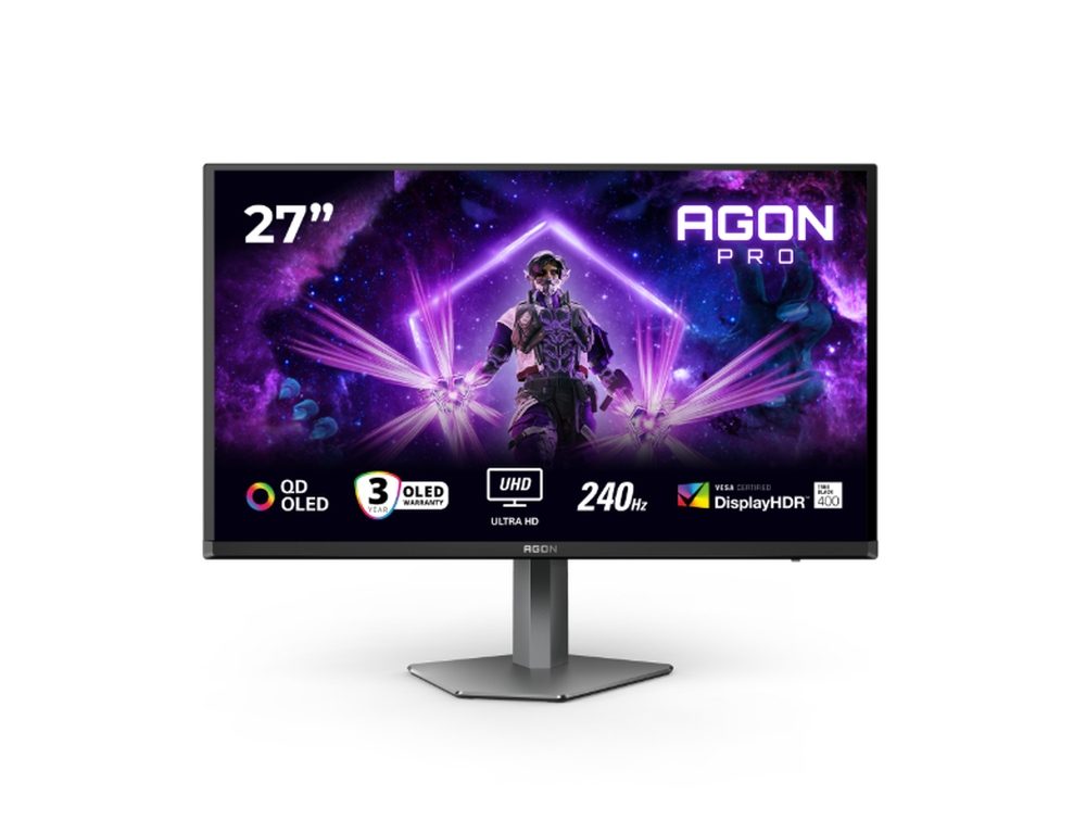 Монитор AOC AG276UZD, 26.5" QD-OLED, 3840x2160@240Hz, 0.03ms GtG, 1000cd/m², 1 500 000:1, 80M:1 DCR, Adaptive Sync, FlickerFree, LowBlue Mode, 5Wx2, Tilt, Height Adjust, Pivot, Swivel, 2xHDMI, DP, USB hub, KVM