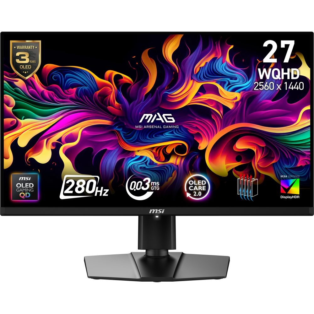 MSI MAG 271QP QD-OLED X28 Gaming Monitor, 26.5", 0.03ms, 280Hz, 2560x1440, G-SYNC, AMD FreeSync Premium Pro, AI Vision, Console Mode, ClearMR 15000, HDR True Black 400, Type-C(15W PD), DP(1.4a), 2xHDMI(2.1), Pivot, Height Adj., VESA 100, Black, 8.2kg