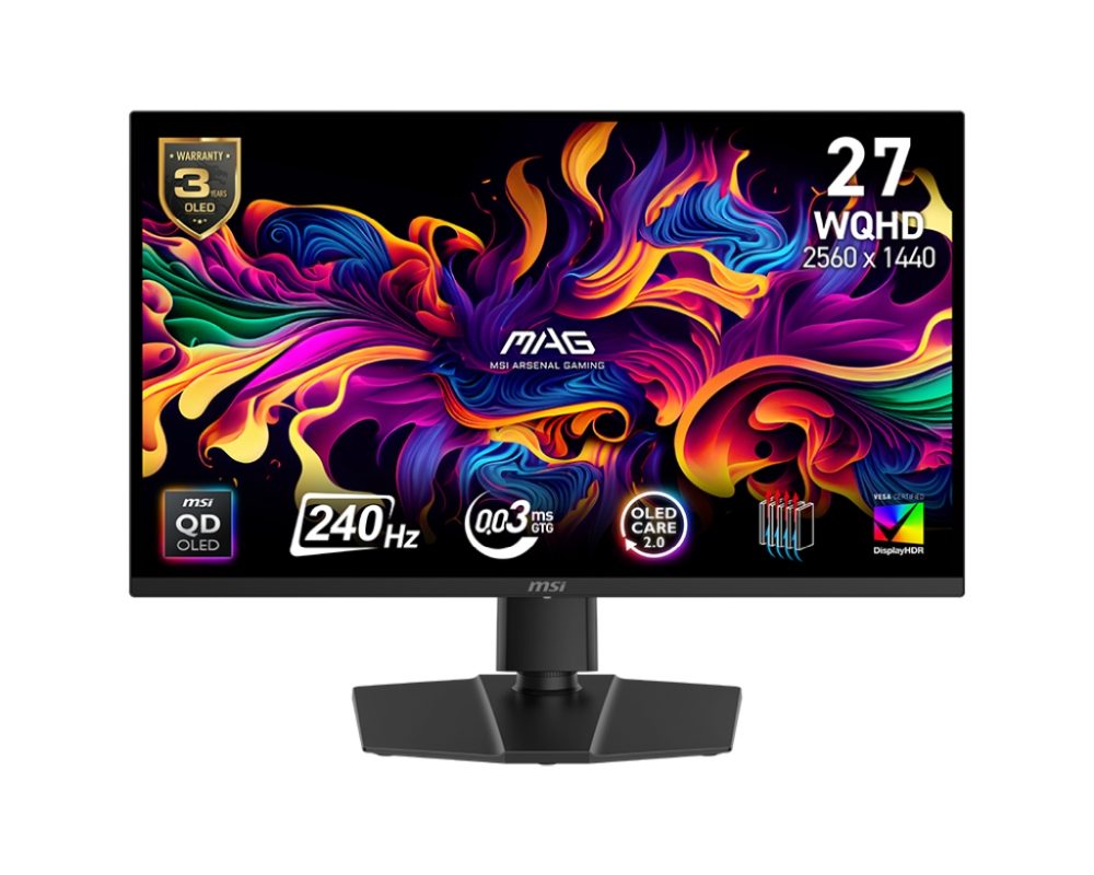 MSI MAG 271QP QD-OLED X24 монитор, 26.5", 240Hz, 0.03ms, 2560x1440 (WQHD), Oled Care 2.0, 16:9, Flat, Adaptive-Sync, HDR True Black 400, 99% DCI-P3, AR, FW Update, 450 nits, DCR 150M:1, DP(1.4a) HBR3, 2xHDMI 2.1, Pivot, Регулиране на височина, VESA, Черен, 8kg